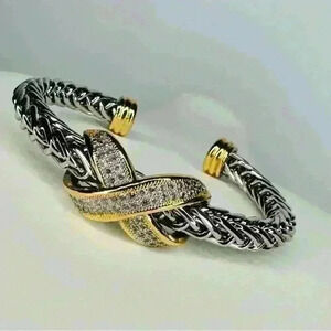 Two Tone Braided Cuff Bracelet with Simulated Stones